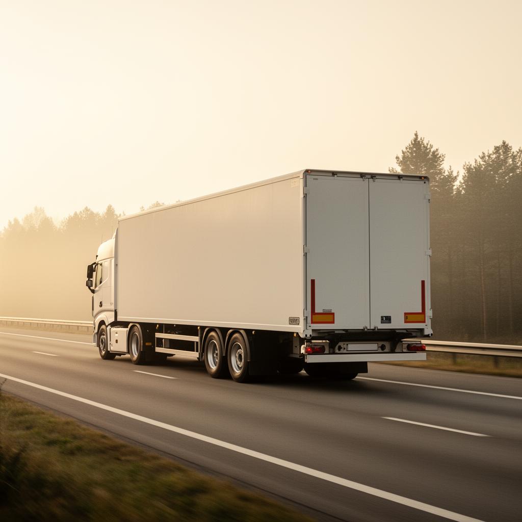 Hvid lastbil fra Starken Danske på dansk motorvej i morgenlys